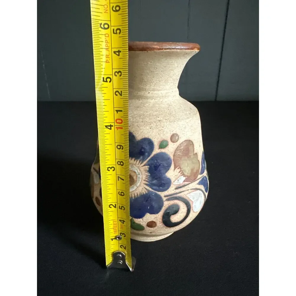 Vintage Mexican Tonala Sandstone Bud Vase Hand Painted Floral Folk Art Pottery - Picture 7 of 9